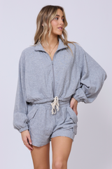 Vintage Havana | Heather Grey Bounded Textured Jersey Zip Up W/ Tie