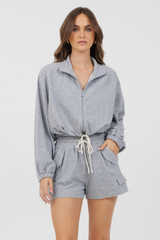 Vintage Havana | Heather Grey Bounded Textured Jersey Zip Up W/ Tie