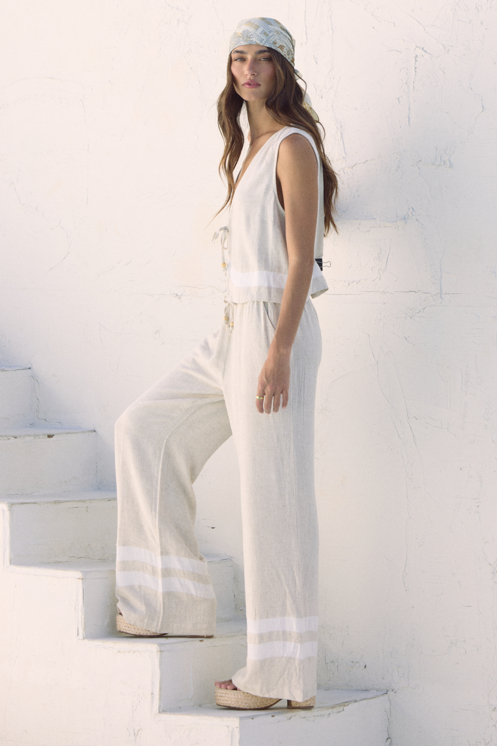 Vintage Havana | Linen Blend Wide Leg Pant with Contrast Stripe