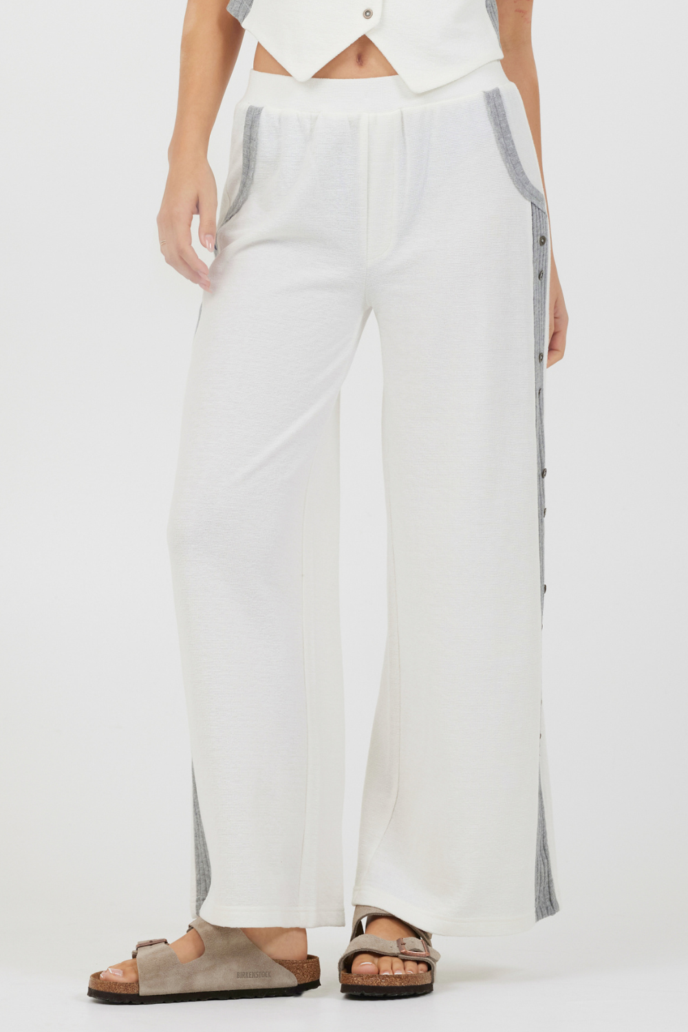 Vintage Havana | Cream Heather Grey Texture Knit Pant W Contrast Rib