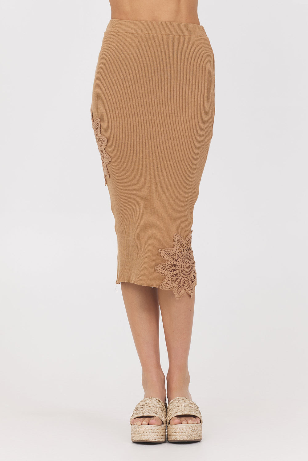 Vintage Havana | Caramel Rib Midi Skirt w/ Crochet Insert