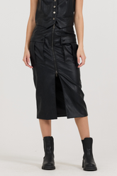 Vintage Havana | Black leather Zip Front Midi Skirt