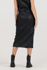 Vintage Havana | Black leather Zip Front Midi Skirt