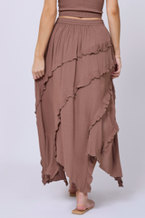 Vintage Havana | Washed Mocha Rayon Crinkle Ruffle Maxi Skirt