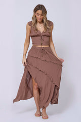 Vintage Havana | Washed Mocha Rayon Crinkle Ruffle Maxi Skirt