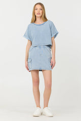 Vintage Havana | Washed Denim Terry Fleece Cargo Skirt