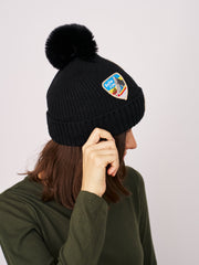 Vintage Havana | RIBBED POMPOM BEANIE WITH SWISS ALP PATCH - BLACK