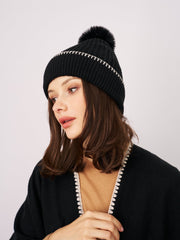 Vintage Havana | RIBBED POMPOM BEANIE - BLACK/IVORY