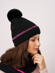 Vintage Havana | RIBBED POMPOM BEANIE - BLACK/PINK