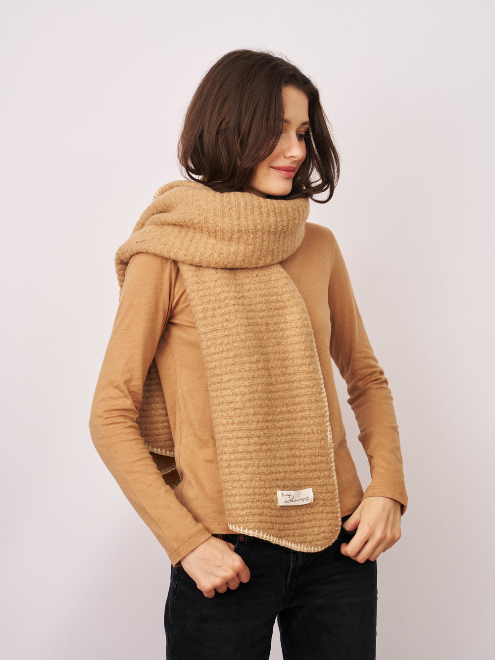 Vintage Havana | BLANKET STITCH KNIT SCARF - WHEAT/IVORY
