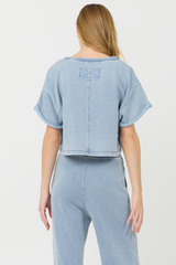 Vintage Havana | Washed Denim Terry Fleece Cropped Shirt