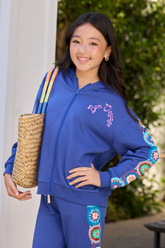 Vintage Havana | Kids Navy Cropped Full Zip Hoodie w/Crochet