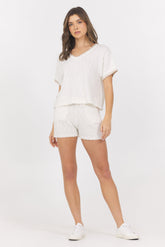 Vintage Havana | White Summer Sand Short Sleeve Sweater w/ Whipstitch