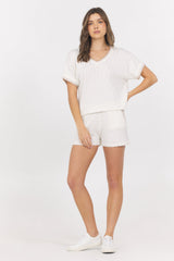 Vintage Havana | White Summer Sand Short Sleeve Sweater w/ Whipstitch