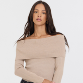 Vintage Havana | Heather Oatmeal Off Shoulder Sweater