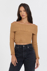 Vintage Havana | Caramel Distressed Off Shoulder Sweater
