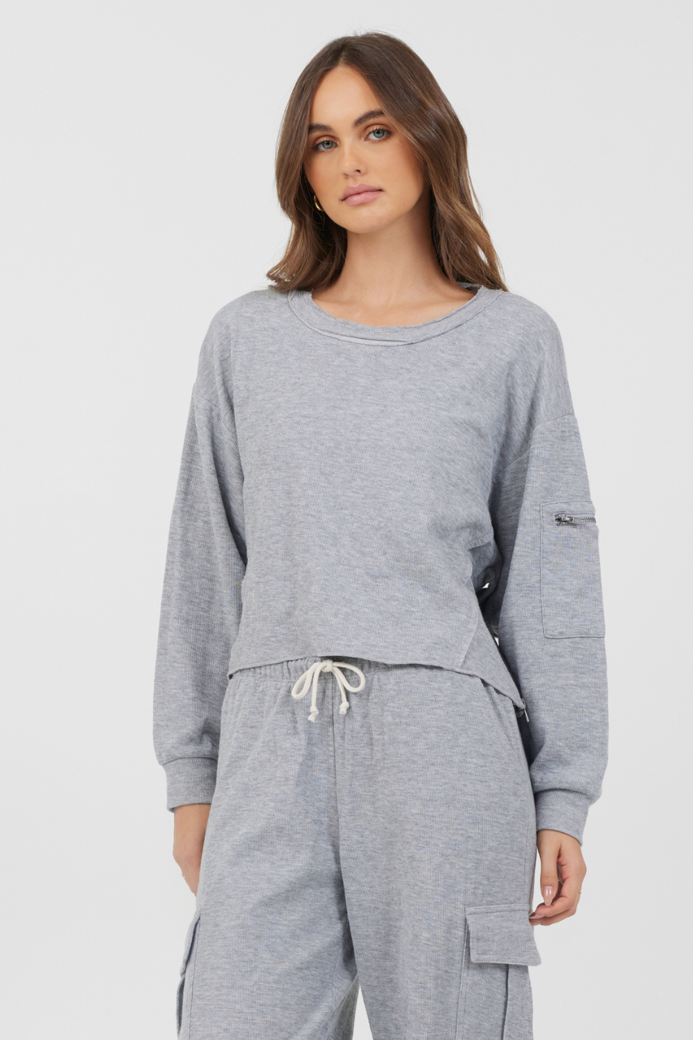 Vintage Havana | Heather Grey Bounded Textured Jersey Utility Crewneck