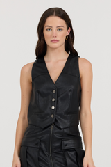 Vintage Havana | Black Leather Button Front Vest
