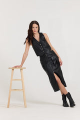 Vintage Havana | Black Leather Button Front Vest