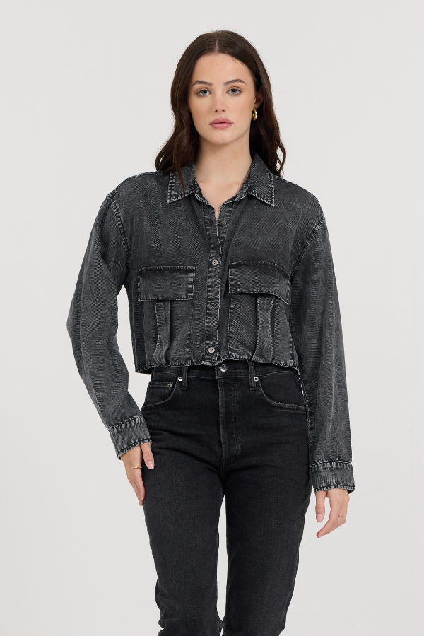 Vintage Havana | Washed Black Cropped Pocket Detail Shirt