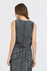 Vintage Havana | Washed Black Twill Button Front Vest Top