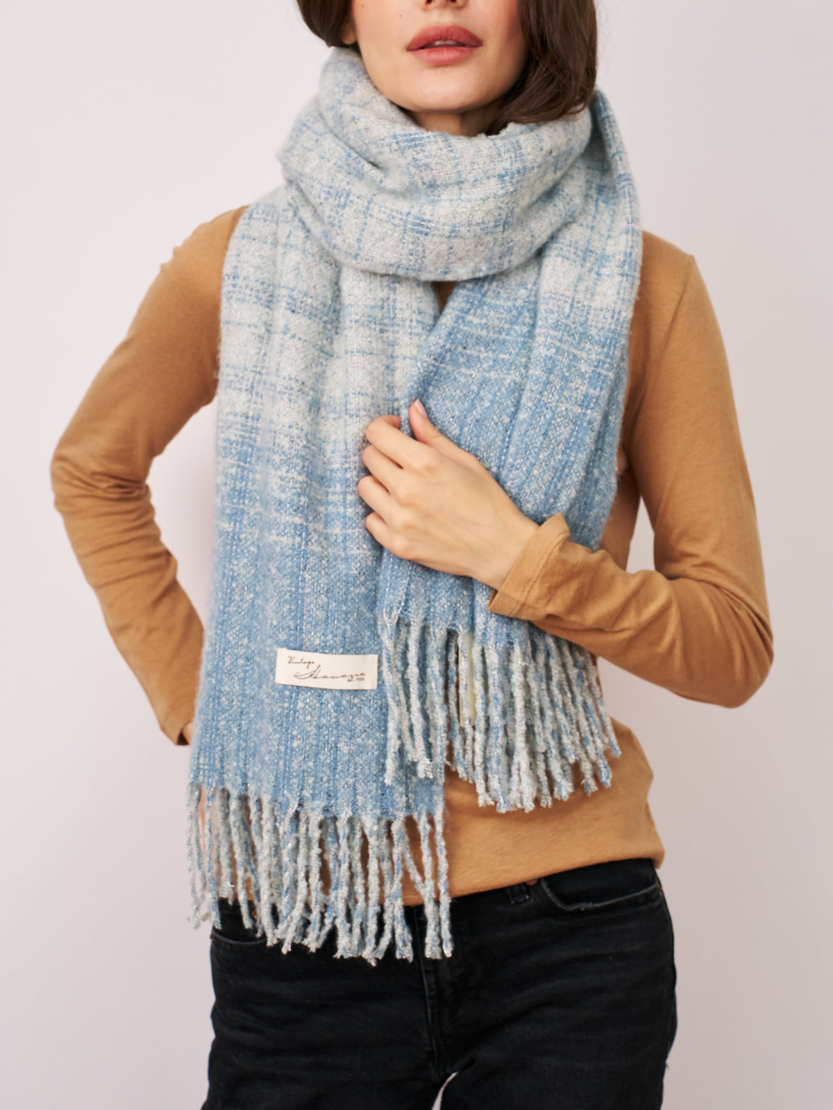 Vintage Havana | BOUCLE CHECK TASSEL SCARF - BLUE