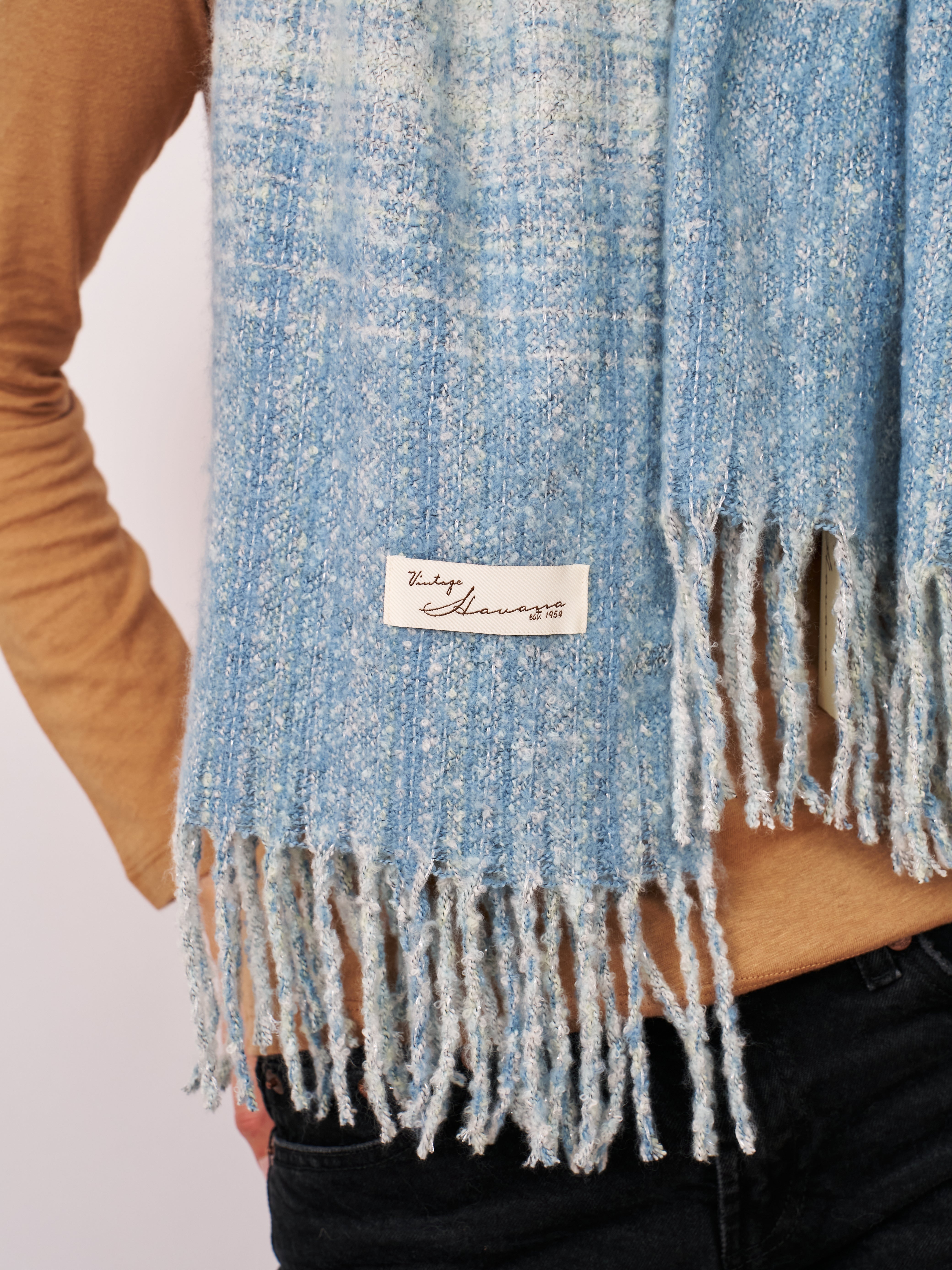 Vintage Havana | BOUCLE CHECK TASSEL SCARF - BLUE