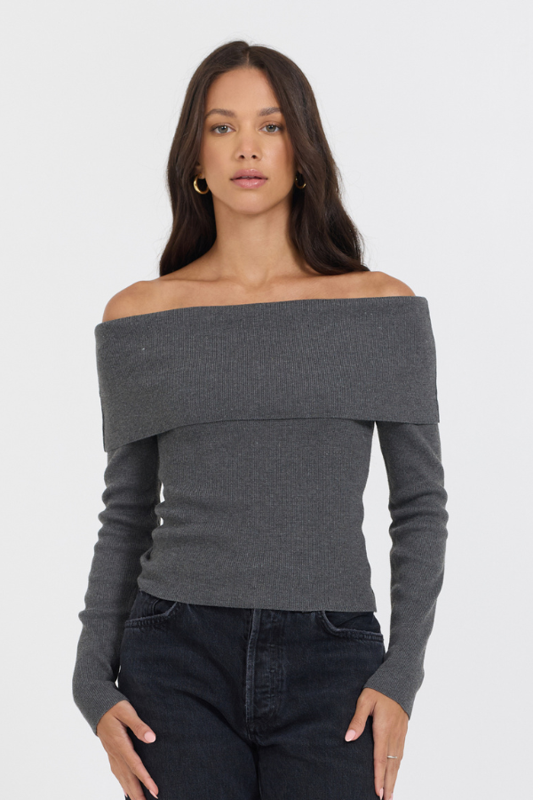 Vintage Havana | Heather Charcoal Off Shoulder Sweater