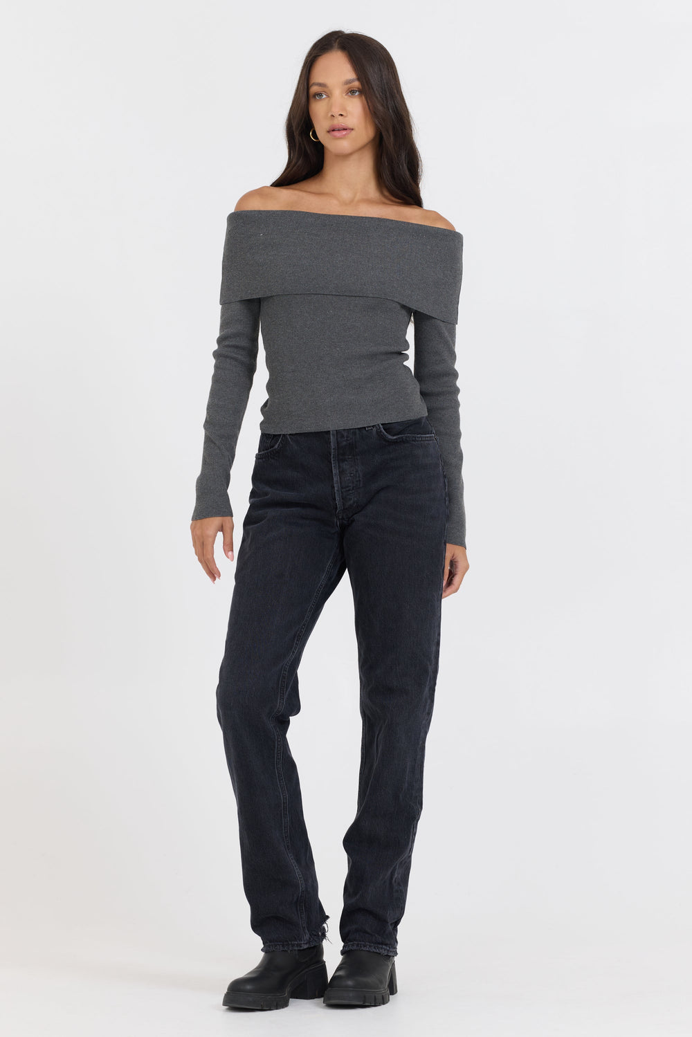 Vintage Havana | Heather Charcoal Off Shoulder Sweater