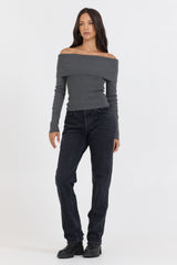 Vintage Havana | Heather Charcoal Off Shoulder Sweater