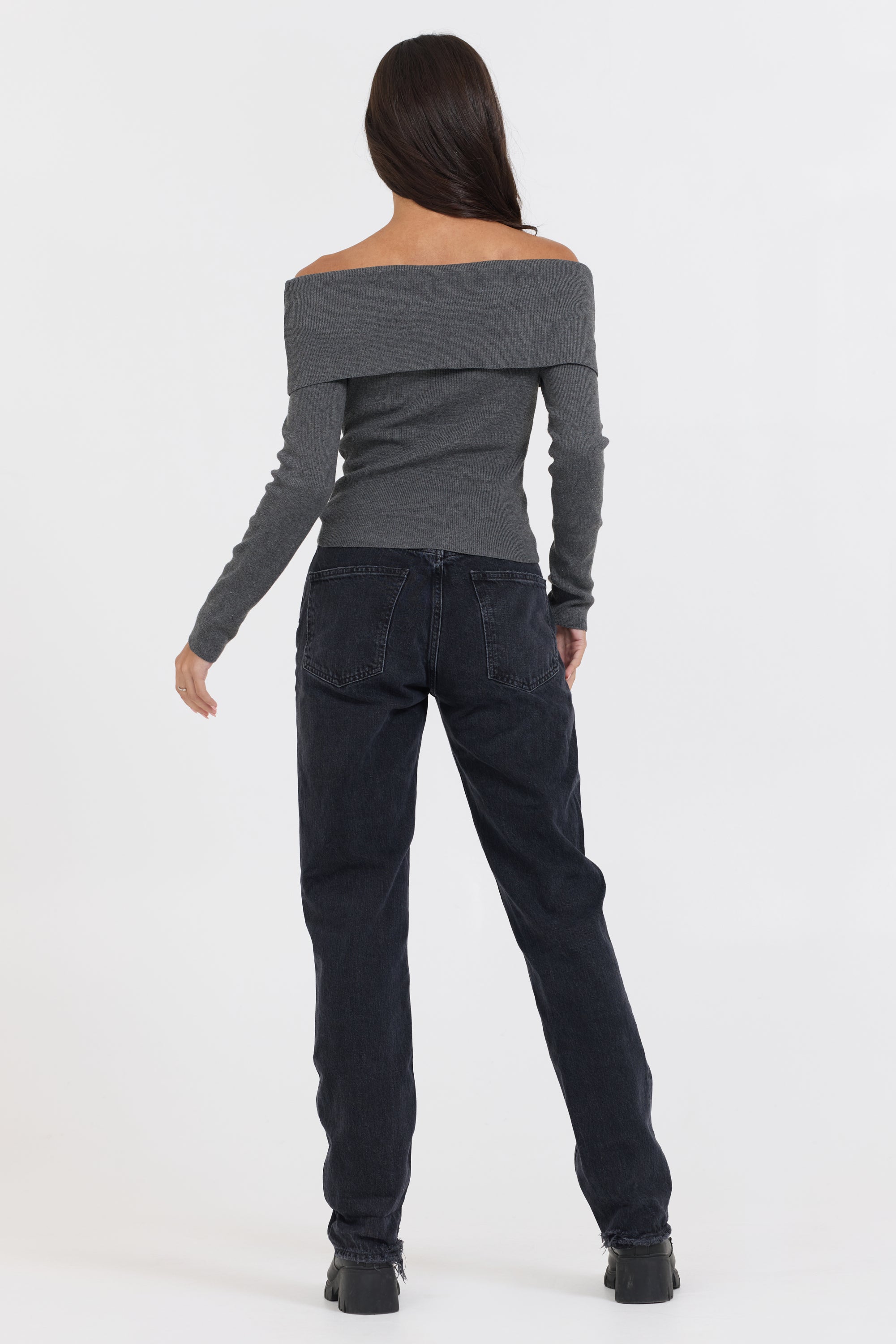 Vintage Havana | Heather Charcoal Off Shoulder Sweater