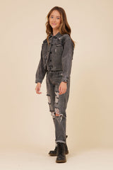 Vintage Havana | RHINESTONE FRINGE BLACK DENIM JACKET