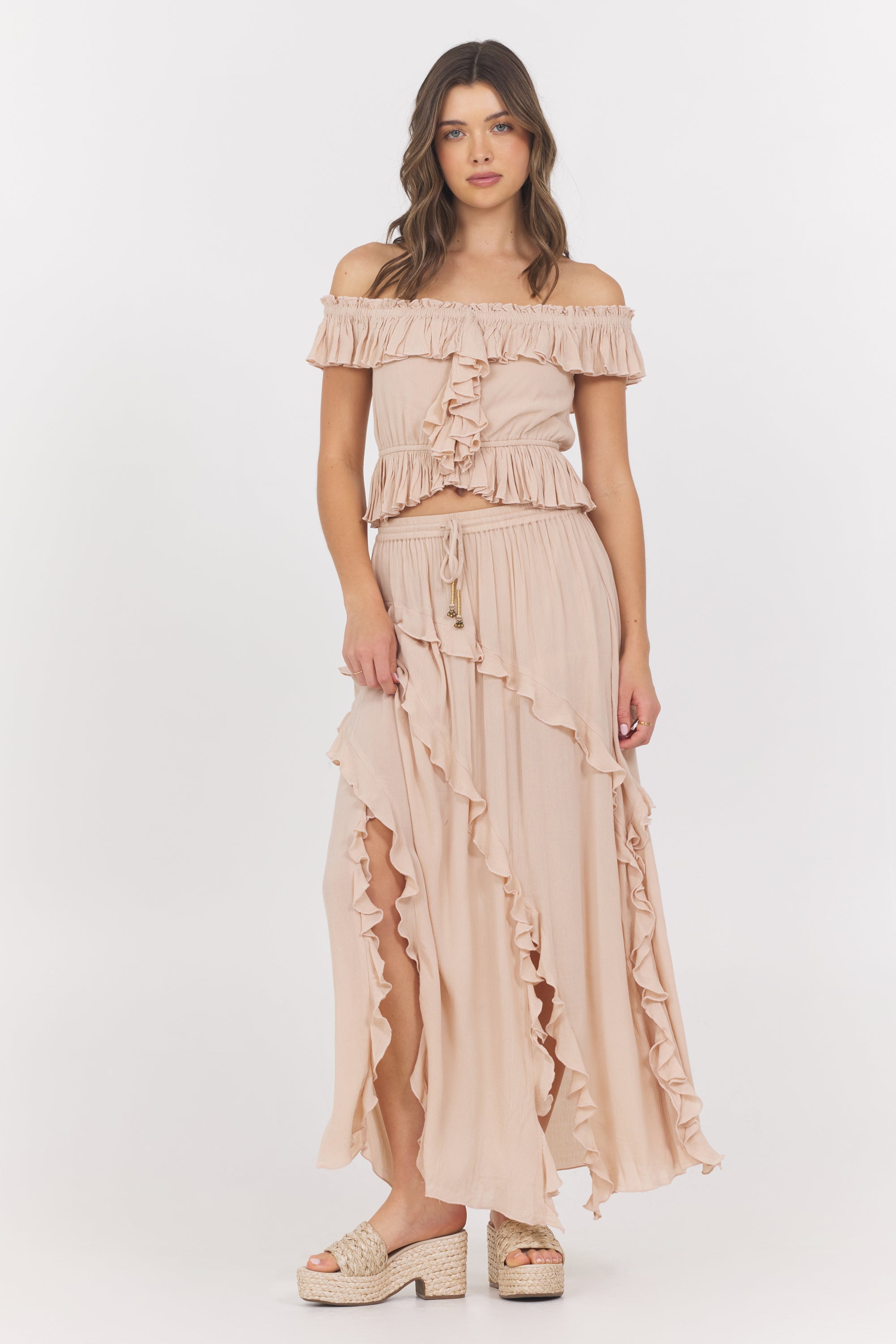 Vintage Havana | Champagne Toast Ruffle Off Shoulder Top