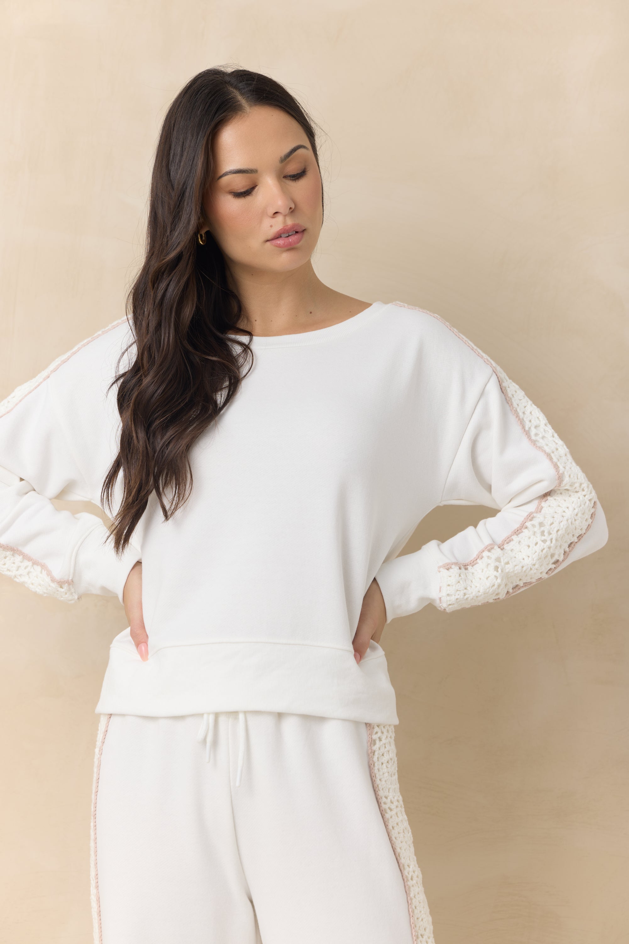 Vintage Havana | French Terry Crew Sweatshirt with Square Crochet Insert