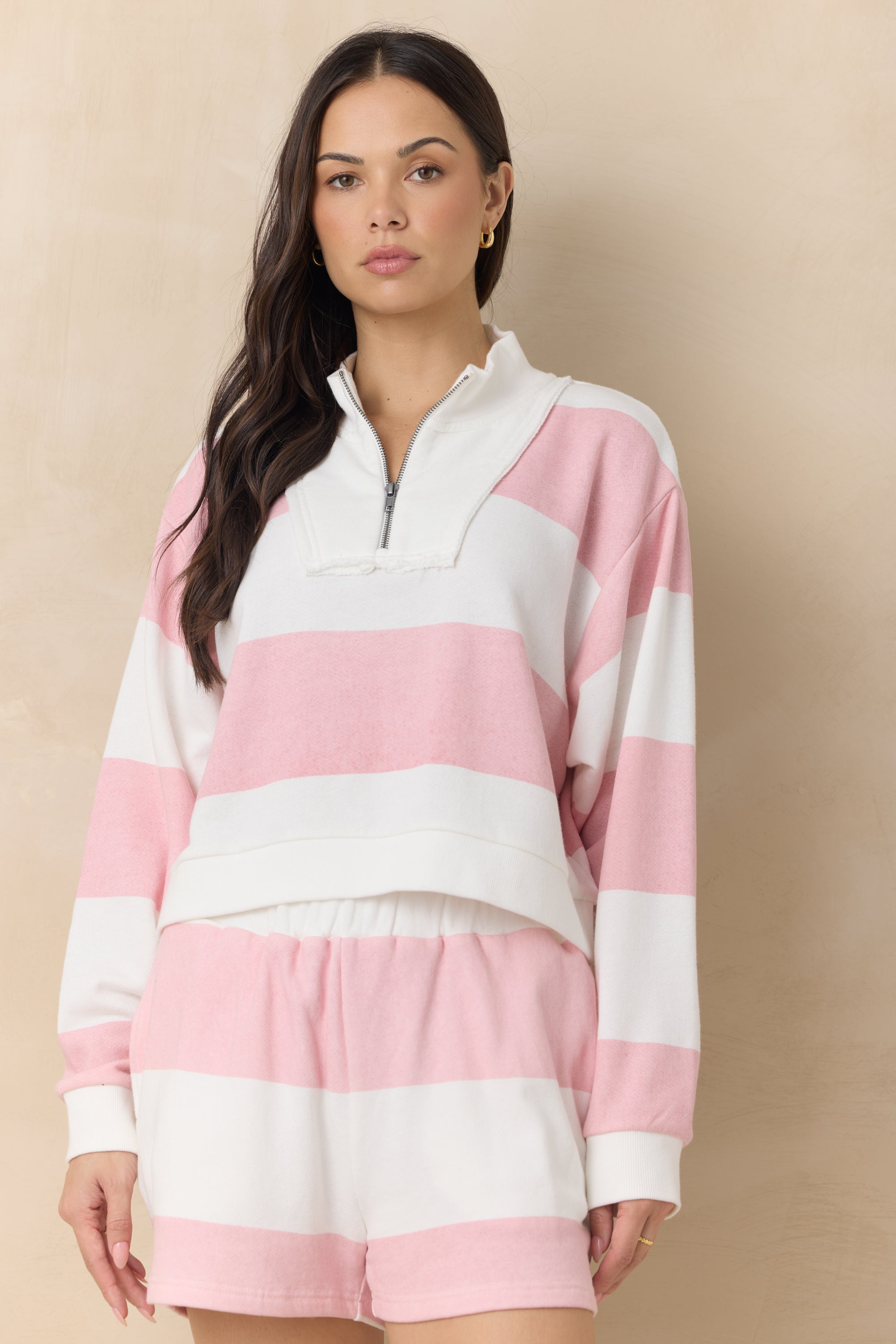 Vintage Havana | Striped French Terry Half Zip Sweatshirt