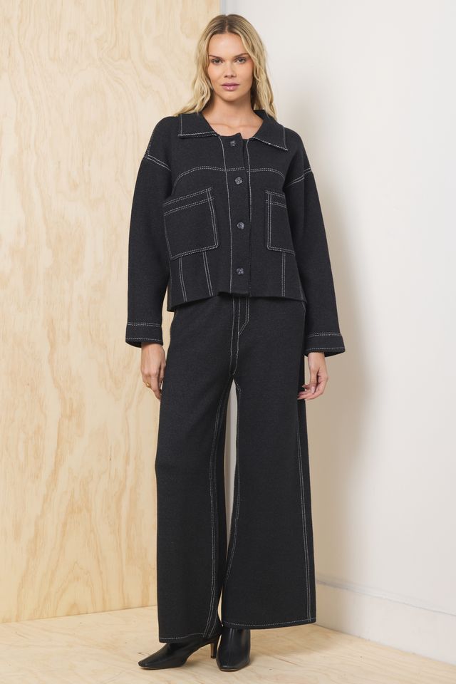 Vintage Havana | Black Sweater w/ Contrast Stitching 2-Piece Set