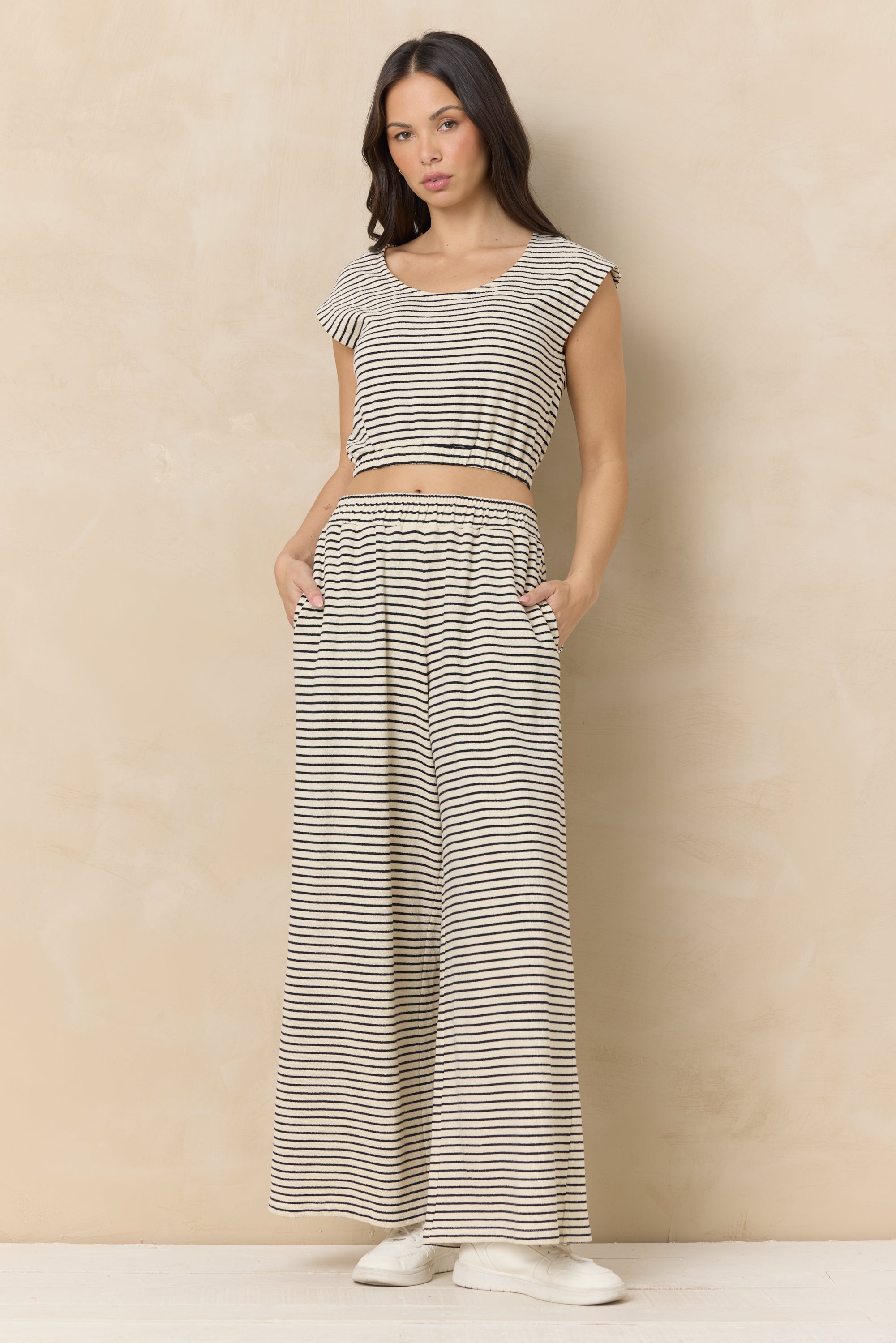 Vintage Havana | Striped French Terry Cloth Wide Leg Pant