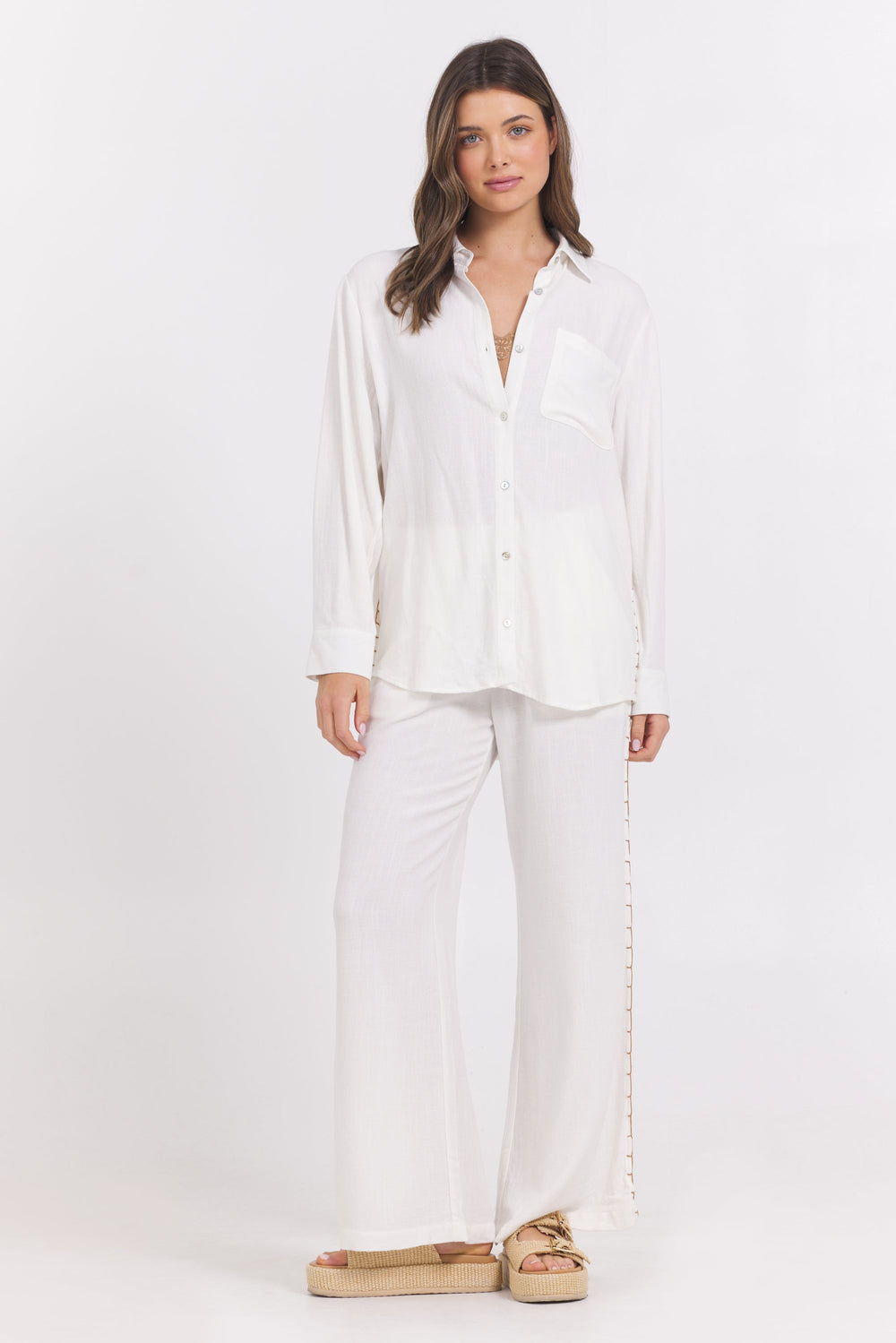 Vintage Havana | Washed Linen Wide Leg Pants w/ Whip Stitch