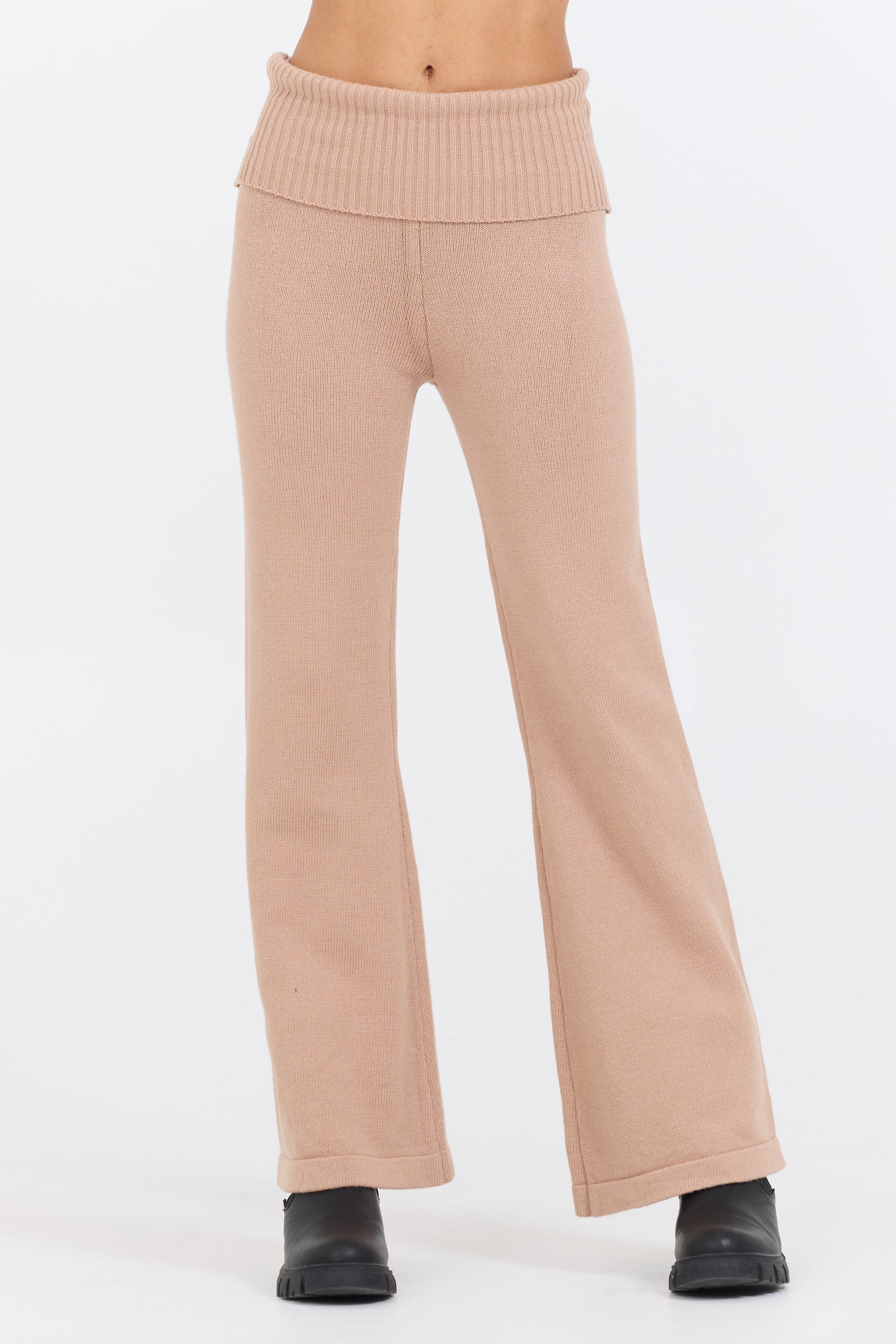 Vintage Havana | Salted Caramel Slim Fit Knit Fold Over Flare Pant
