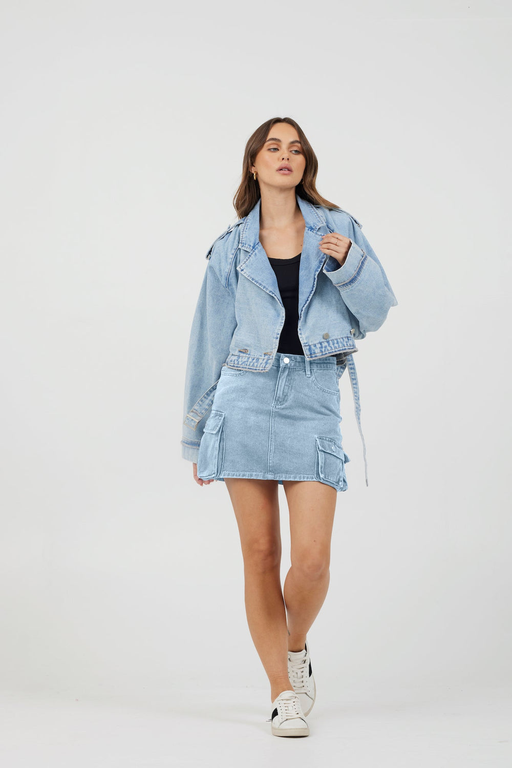 Vintage Havana | Light Wash Denim Cargo Skirt