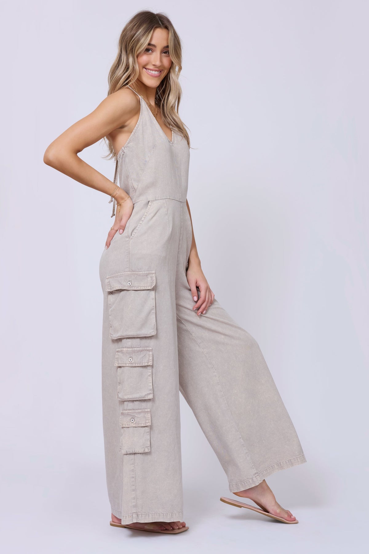 Vintage Havana | Khaki Tencel Jumpsuit