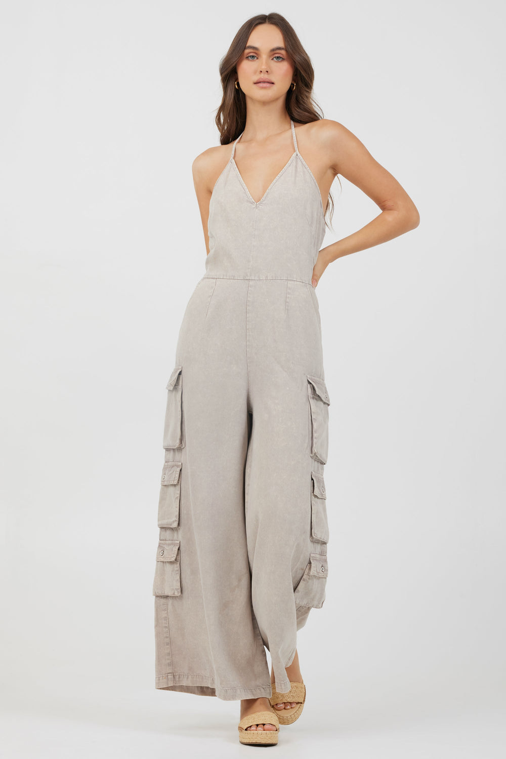 Vintage Havana | Khaki Tencel Jumpsuit