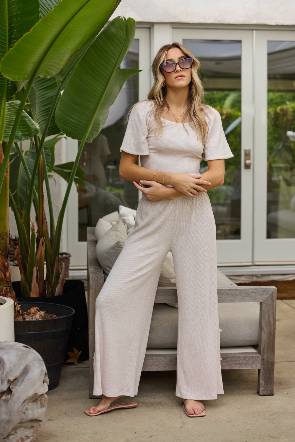 Vintage Havana | Heather Oatmeal Drapey Knit Cut Out Pants