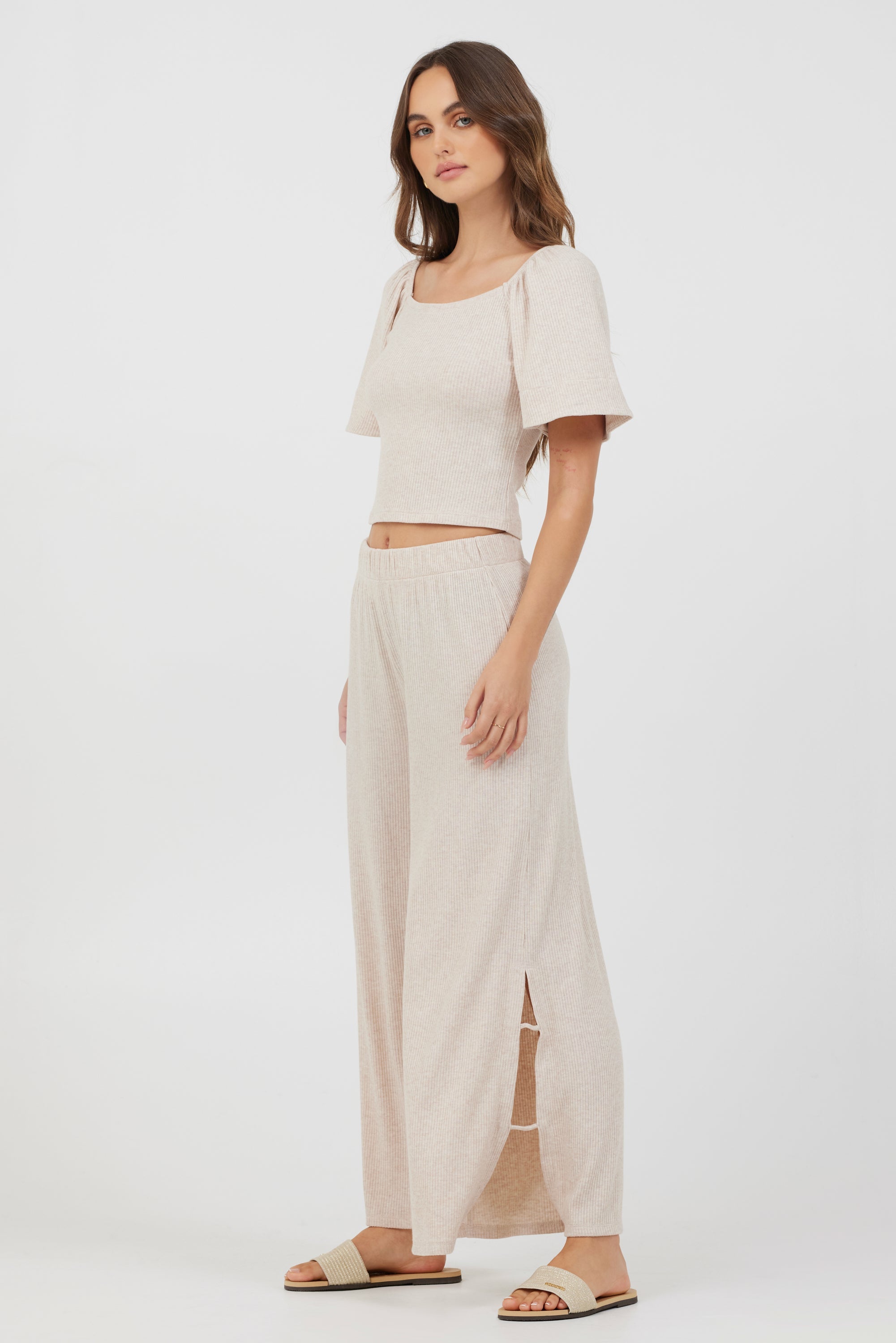 Vintage Havana | Heather Oatmeal Drapey Knit Cut Out Pants