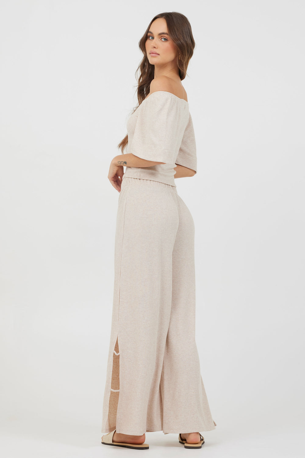 Vintage Havana | Heather Oatmeal Drapey Knit Cut Out Pants