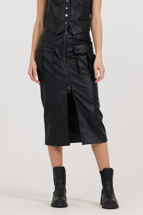 Vintage Havana | Black leather Zip Front Midi Skirt
