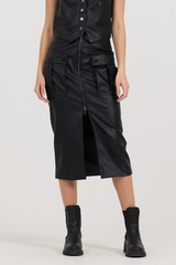 Vintage Havana | Black leather Zip Front Midi Skirt