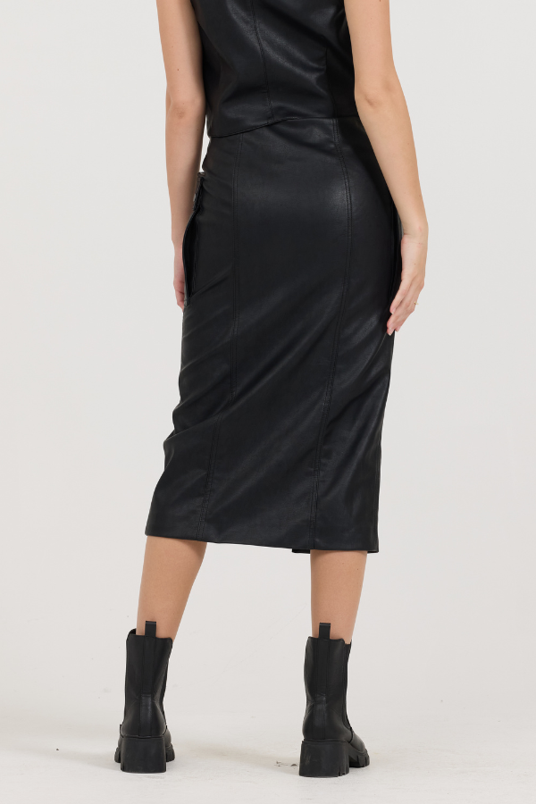Vintage Havana | Black leather Zip Front Midi Skirt