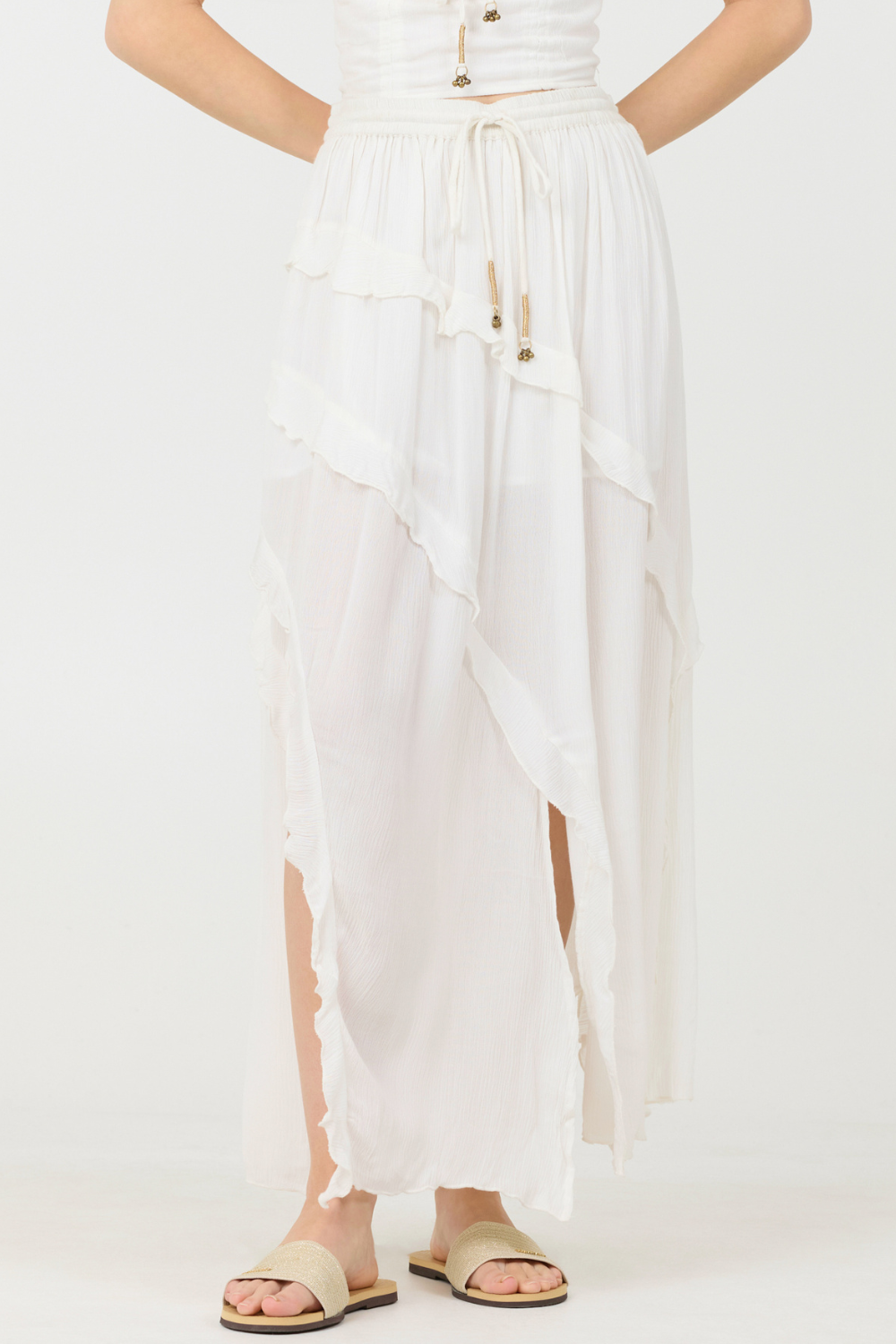 Vintage Havana | Clean White Rayon Crinkle Ruffle Maxi Skirt