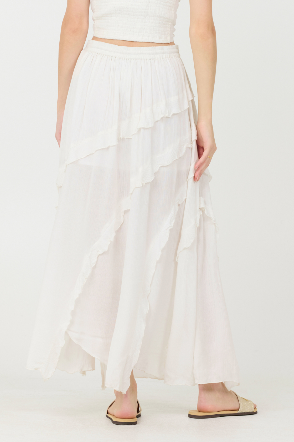 Vintage Havana | Clean White Rayon Crinkle Ruffle Maxi Skirt